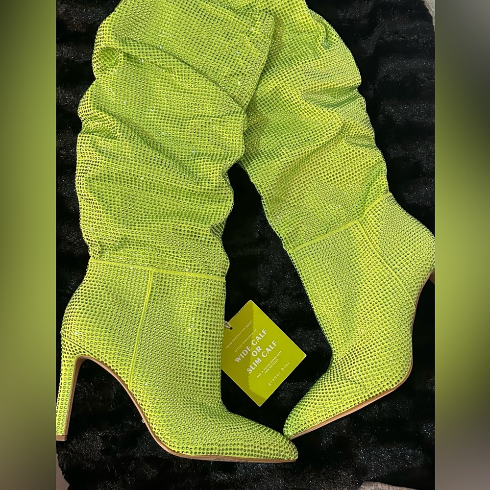 INC International Concepts Neon Green Rhinestone Heeled Boots